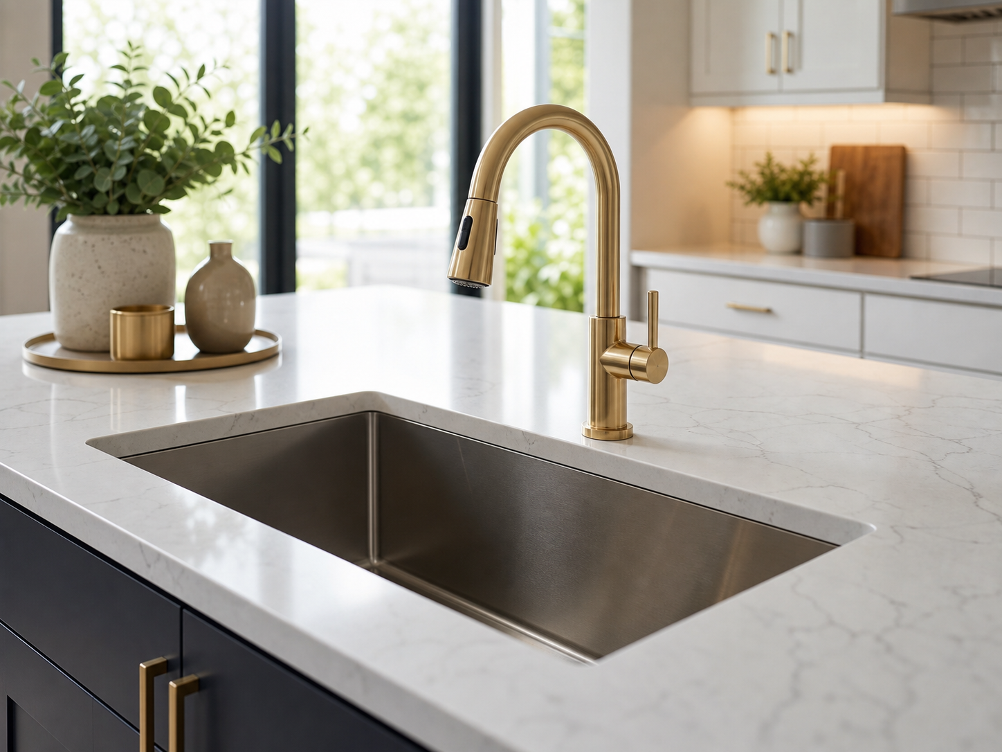 Premium kitchen sink with quartz countertop and brushed gold faucet